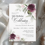 Invitation Elégante aquarelle florale 50e anniversaire<br><div class="desc">Célébrez un anniversaire marquant spécial avec cette magnifique invitation à la fête du 50e anniversaire féminine. Il présente d'élégantes bordures florales en roses bordeaux et roses de chaque côté du texte élégamment placé. Les couleurs comprennent le rose pâle, le rouge bordeaux profond et le prune mélangés à la verdure éthérée...</div>