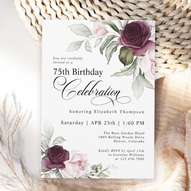 Invitation Elégante aquarelle Florale 75e anniversaire (Available in both printed and instant download digital formats.)