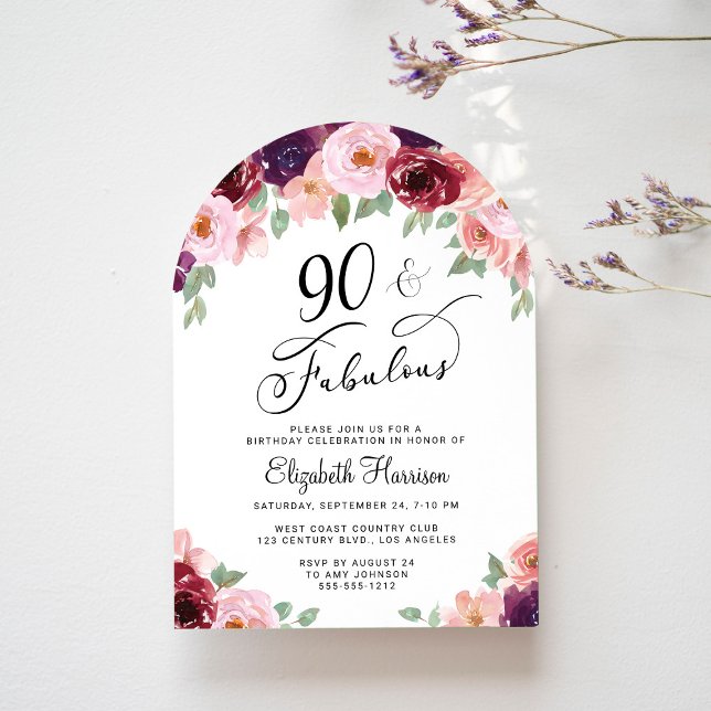 Invitation Elégante aquarelle florale 90e anniversaire de fêt (Créateur téléchargé)