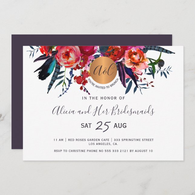Invitation Elégante aquarelle florale chic bridesservantes br (Devant / Derrière)