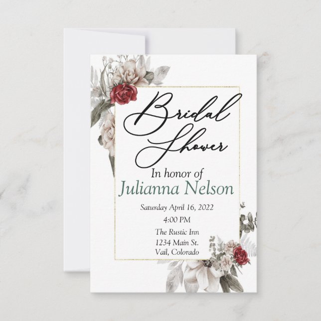 Invitation Elégante aquarelle florale en rouge et invitat bru (Devant)