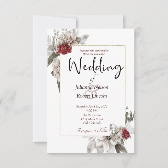 Invitation Elégante aquarelle florale en rouge et mariage bru (Devant)