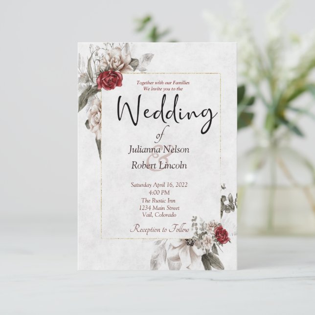 Invitation Elégante aquarelle florale en rouge et mariage bru (Debout devant)