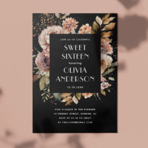Invitation Elégante aquarelle florale noire Douce 16 seize