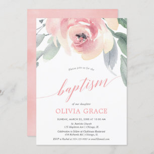 Invitation Elégante aquarelle florale rose rousse fille bapti