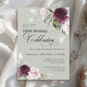 Invitation Elégante aquarelle Florale Sage 100e anniversaire