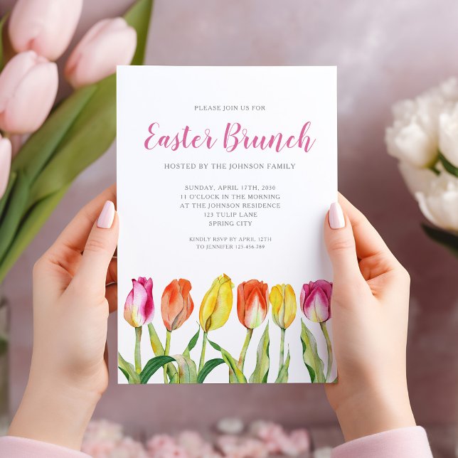 Invitation Elégante aquarelle florale Tulipe Brunch de Pâques (Pretty Pink Floral Watercolor Tulip Easter Brunch Invitation)