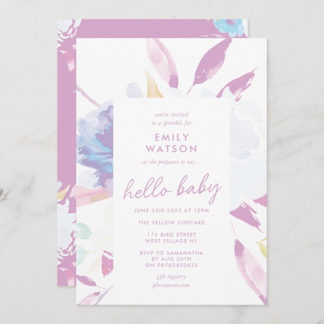 Invitation Elégante aquarelle florale violet Hello Baby showe (Devant / Derrière)