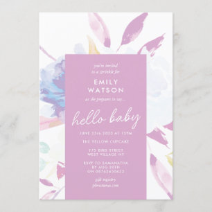 Invitation Elégante aquarelle florale violet Hello Baby showe