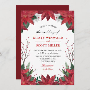 Invitation Elégante aquarelle hiver rouge Poinsettia Mariage