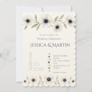 Invitation Elégante aquarelle ivoire marine bleu Mariage d'an