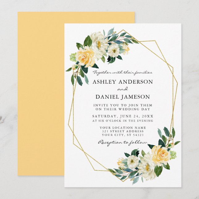Invitation Elégante aquarelle Jaune Floral Gold Frame (Devant / Derrière)
