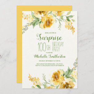 Invitation Elégante aquarelle jaune florale 100e anniversaire
