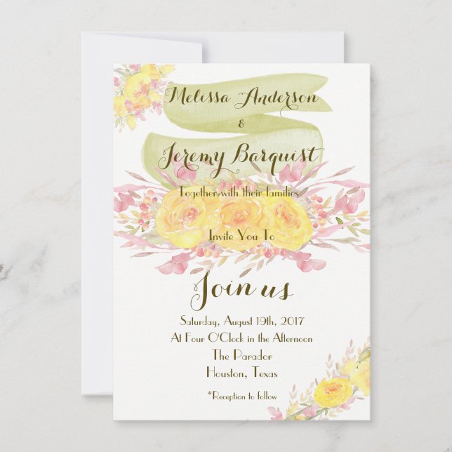 Invitation Elégante Aquarelle Jaune Rose de mariage Invitatio (Devant)