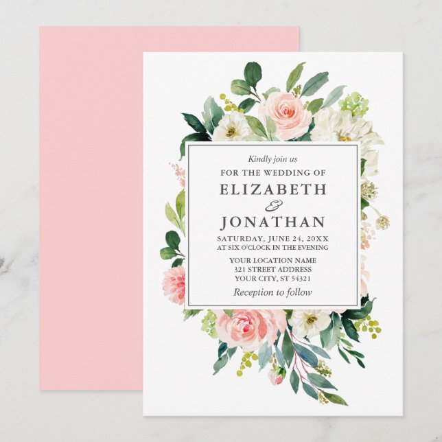 Invitation Elégante aquarelle Mariage de cadre Floral rose (Devant / Derrière)