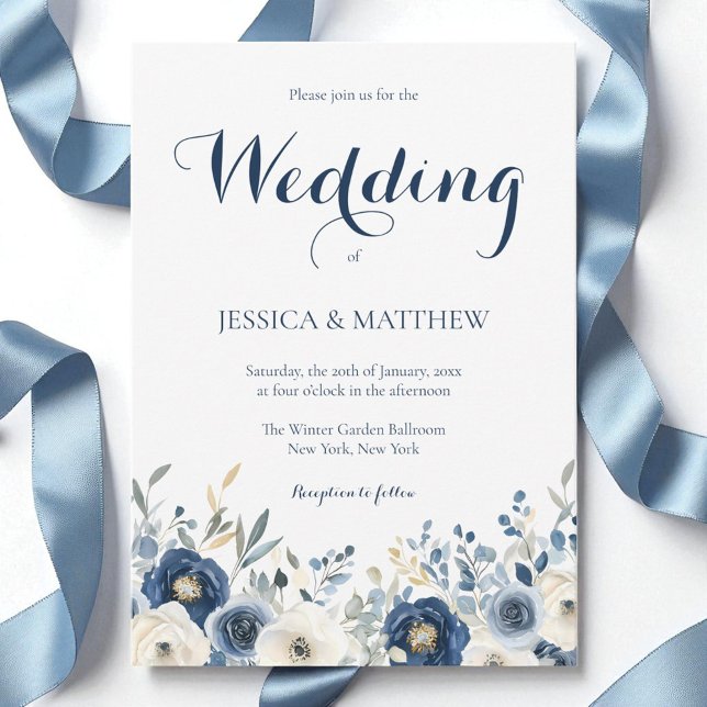 Invitation Elégante aquarelle marine bleu floral Script Maria (Elegant Watercolor Navy Blue Floral Script Wedding Invitation)