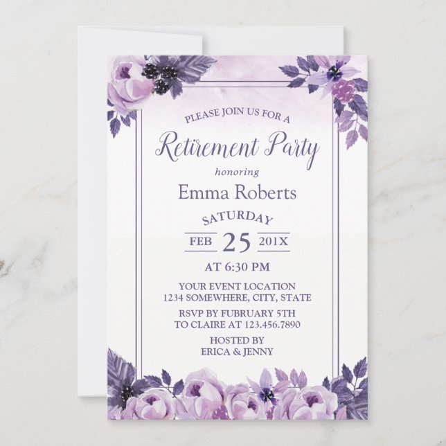 Invitation Elégante aquarelle Mauve Floral Retraite Party (Devant)