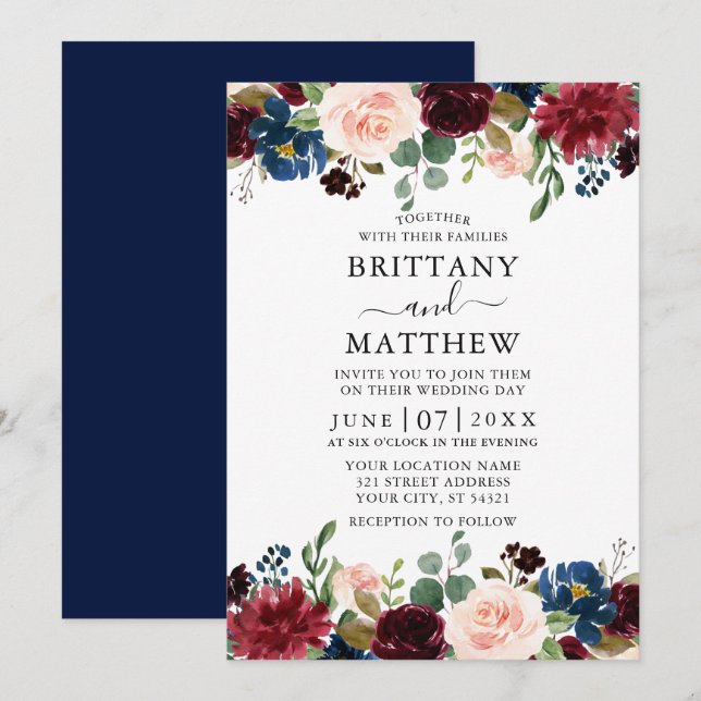 Invitation Elégante aquarelle Mixte Floral Mariage bleu (Devant / Derrière)