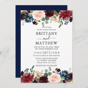 Invitation Elégante aquarelle Mixte Floral Mariage bleu