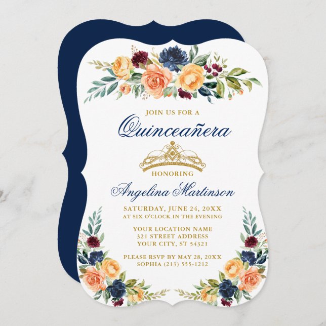 Invitation Elégante aquarelle Mixte Florale Bleue Quinceanera (Devant / Derrière)