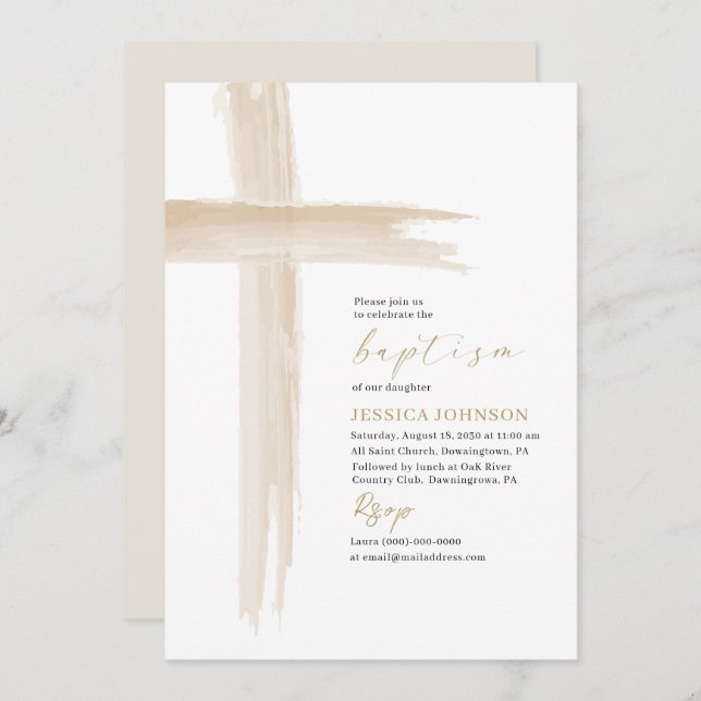 Invitation Elégante aquarelle moderne Baptism Cross (Devant / Derrière)