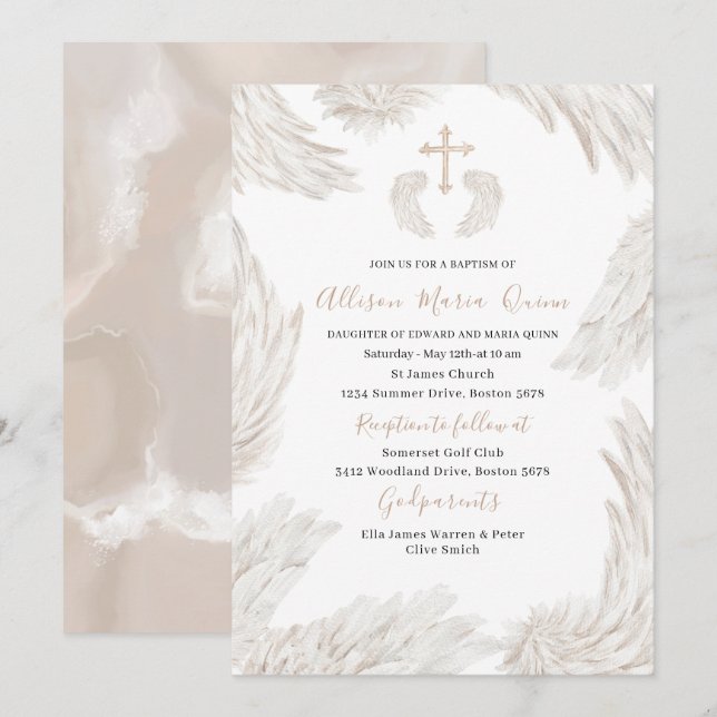 Invitation Elégante Aquarelle moderne Beige Ailes Angel Bapti (Devant / Derrière)