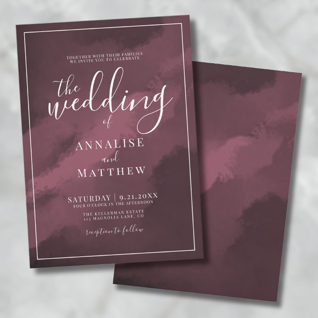 Invitation Elégante aquarelle moderne classe Mariage bordeaux (Classy Modern Elegant Watercolor Burgundy Wedding Invitation)