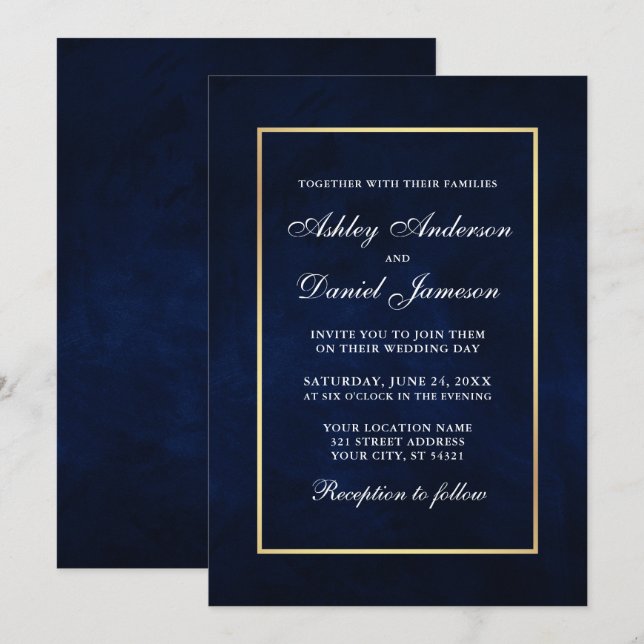 Invitation Elégante aquarelle moderne Mariage or bleu (Devant / Derrière)