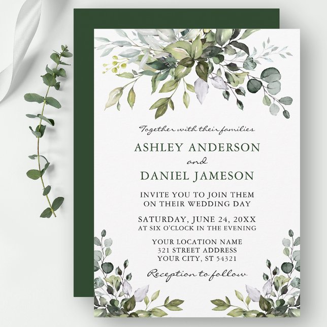 Invitation Elégante aquarelle moderne Mariage vert (Customize to change text color, style, add text & photos to back or change color of back of card.)