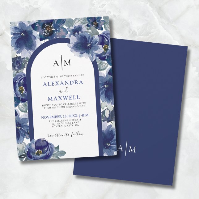 Invitation Elégante aquarelle moderne marine bleu Mariage flo (Elegant Modern Watercolor Navy Blue Floral Wedding Invitation)