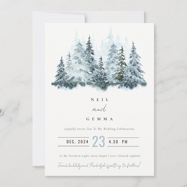 Invitation Elégante aquarelle neige hiver Mariage de pin (Devant)