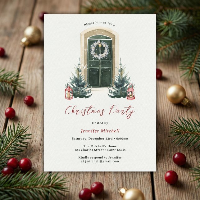 Invitation Elégante aquarelle Noël Fête de Noël (Watercolor Front Door Christmas Party Invite • Wreath & Lanterns (Personalized))