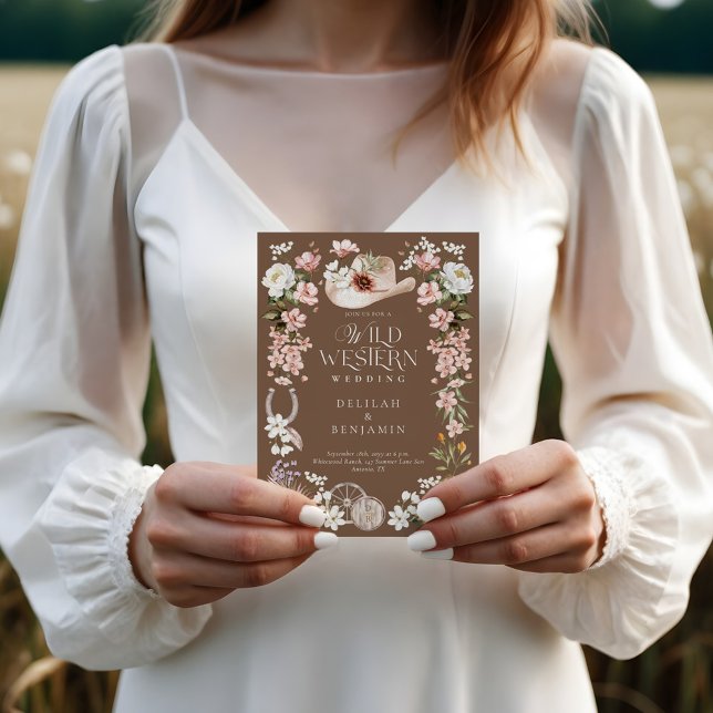 Invitation Elégante aquarelle occidentale Floral Cowboy Maria (Elegant Western Watercolor Floral Cowboy Wedding Invitation (Front))