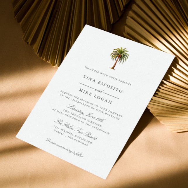 Invitation Elégante aquarelle palmier tropical Ocean Beach (Chic Watercolor Palm Tree Wedding Invitations for Your Tropical Beach Celebration)