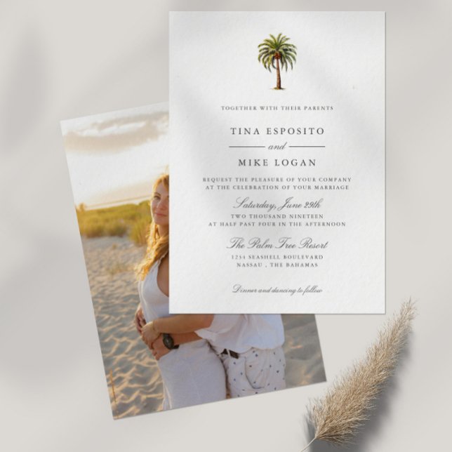 Invitation Elégante aquarelle palmier tropical Photo exotique (Tropical Exotic Watercolor Palm tree wedding invitation with space for your best photo on the back)