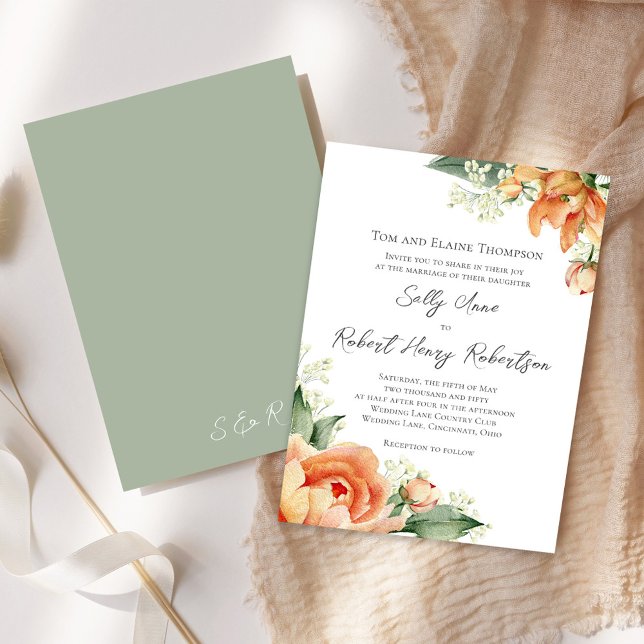 Invitation Elégante aquarelle Pêche Mariage Floral (Peach floral elegant invitation)