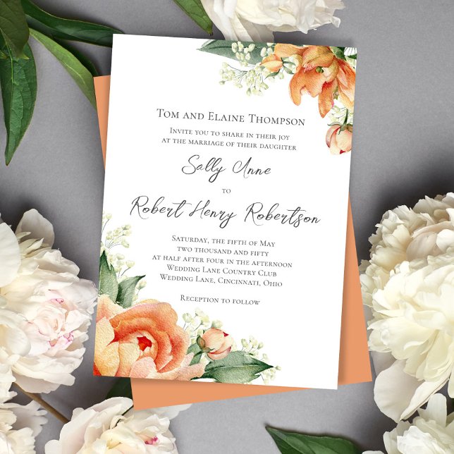 Invitation Elégante aquarelle Pêche Mariage Floral (Peach floral elegant invitation)