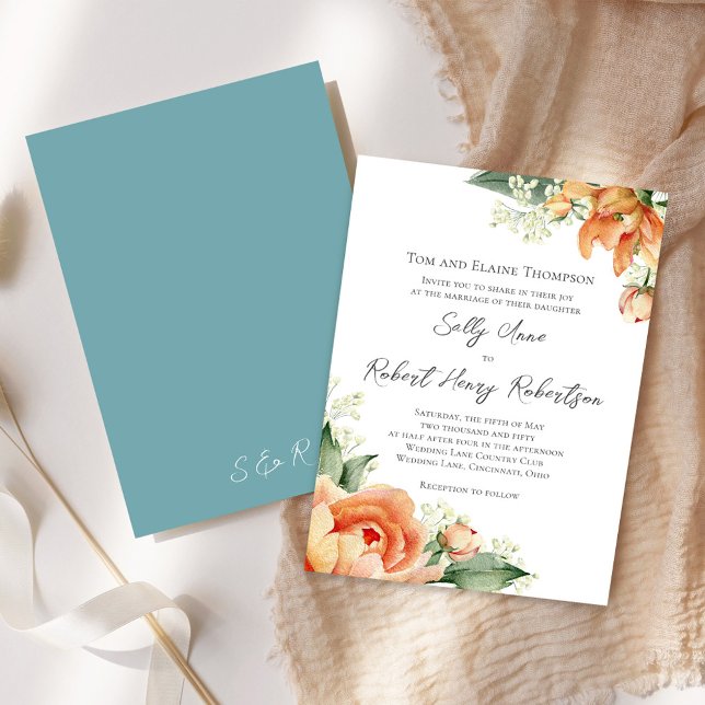 Invitation Elégante aquarelle Pêche Mariage floral bleu (Peach floral elegant invitation)