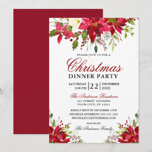 Invitation Elégante aquarelle Poinsettia fête de Noël Rouge