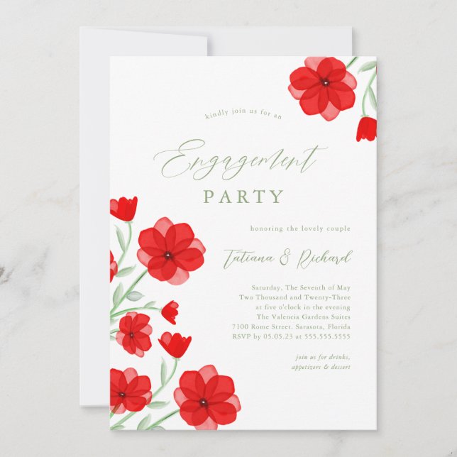 Invitation Elégante aquarelle Poppy Floral Engagement Party (Devant)