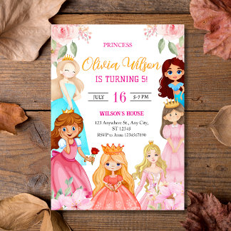 Invitation Elégante aquarelle Princesses Florale Anniversaire