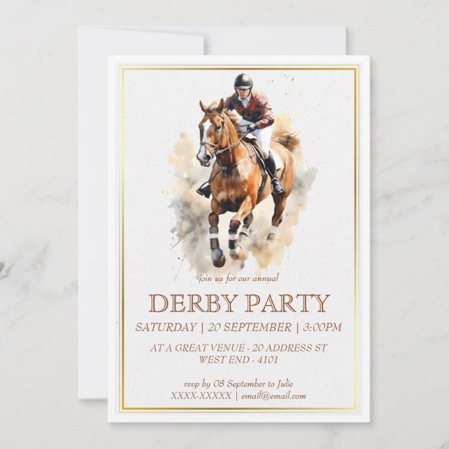 Invitation Elégante aquarelle Racehors Derby Party équestre (Devant)