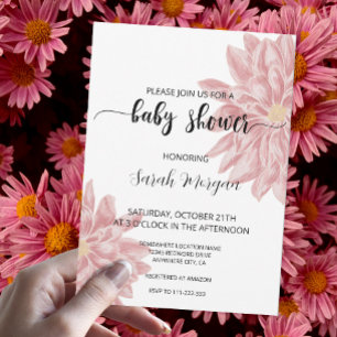 Invitation Elégante aquarelle rose Baby shower Chrysanthème