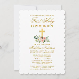 Invitation Elégante aquarelle rose blanc floral Communion