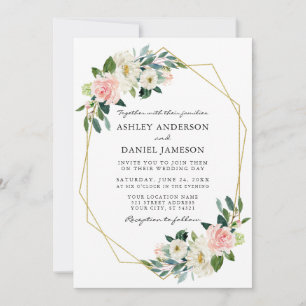 Invitation Elégante aquarelle rose Blush cadre or floral