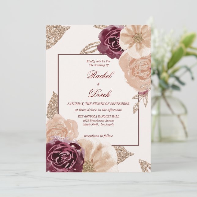 Invitation Elégante aquarelle rose Bourgogne Mariage floral (Debout devant)