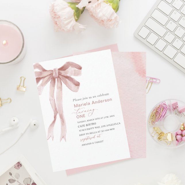 Invitation Elégante aquarelle rose Bow Girl Baby shower Invi (Créateur téléchargé)