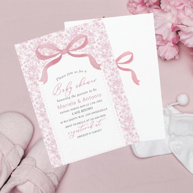 Invitation Elégante aquarelle rose Bow Girl Baby shower Invi (Créateur téléchargé)