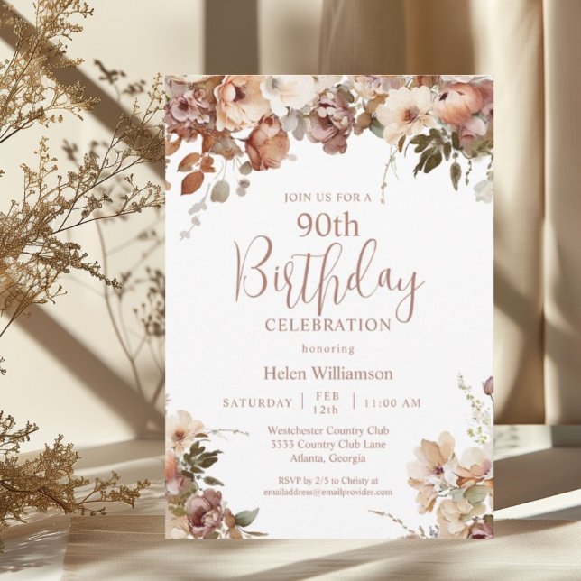 Invitation Elégante aquarelle rose douce 90e anniversaire (Créateur téléchargé)