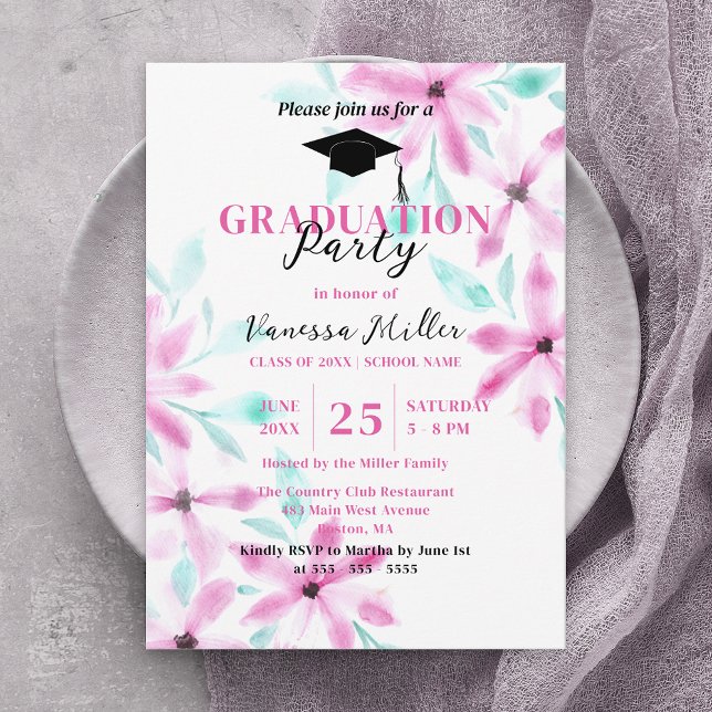 Invitation Élégante Aquarelle rose doux Fleurs Graduation (Créateur téléchargé)